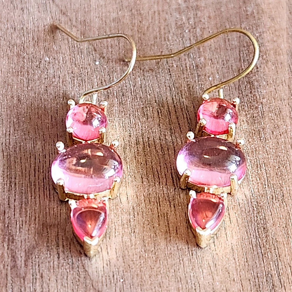 Pink Cabochon Triple Tier Drop Earrings Gold Tone French Hook Dangle 1.5"